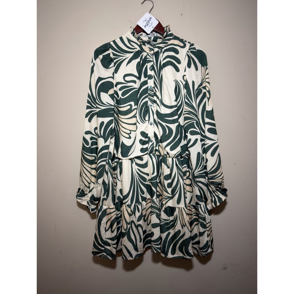 NWT TCEC Tiered Mini Dress Abstract Leafy Pattern High Neck Size M